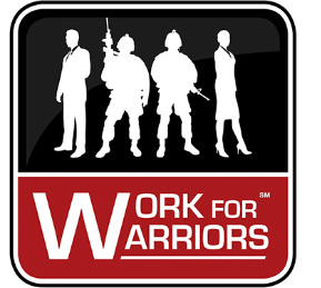 The Work For Warriors Logo, black and white, with white text on a red background.