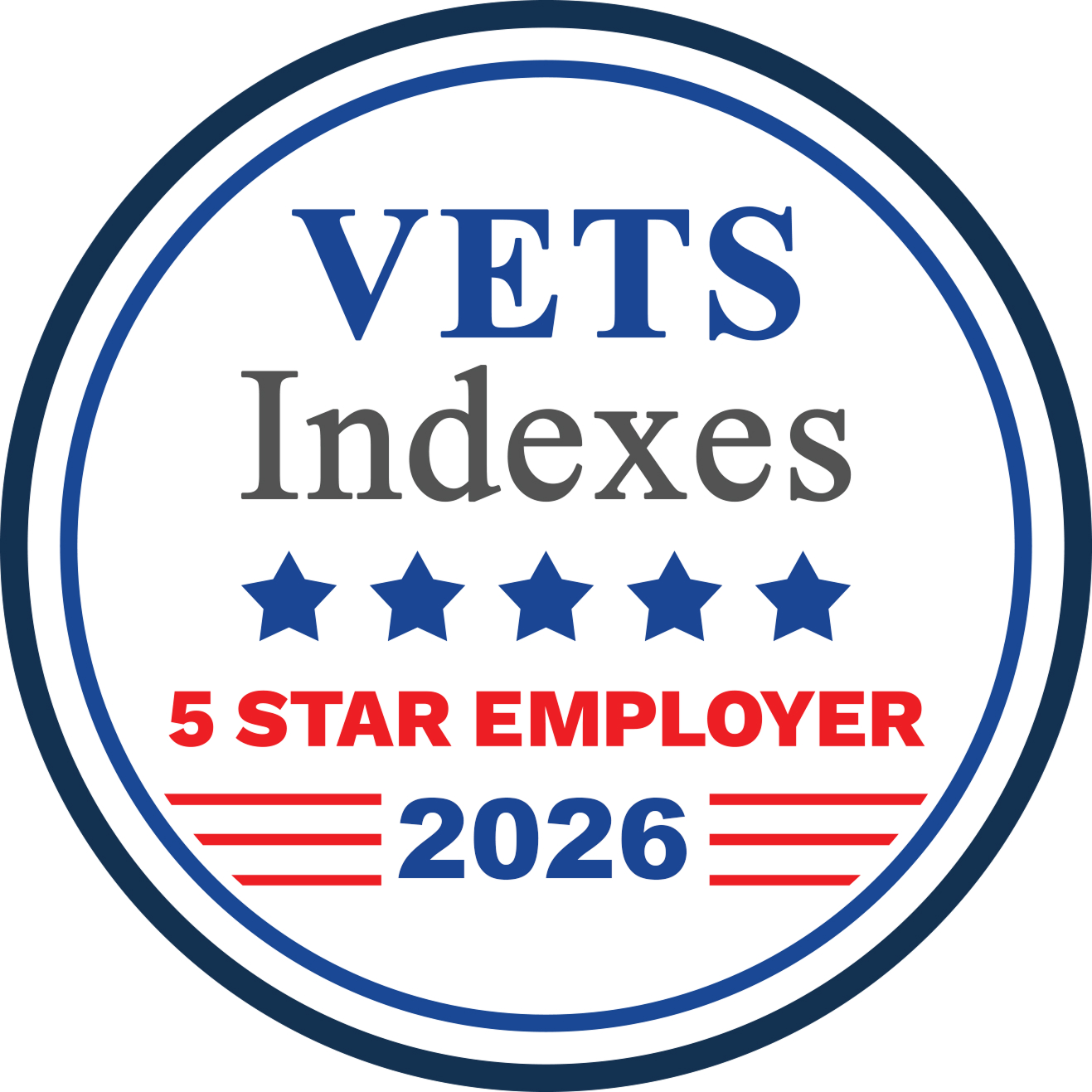 A logo in red white and blue for Vets Indexes, indicating we are a 3 star employer for 2026.